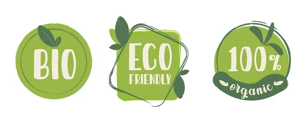 A set of green emblems. Bio, eco friendly and 100 organic. Use as a sticker for clean products. — Stock Vector