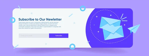 Abonnement par courriel, un modèle de liste de diffusion en ligne avec une boîte aux lettres et un bouton d'envoi pour un bloc de sections de sites violets bleu vif — Image vectorielle