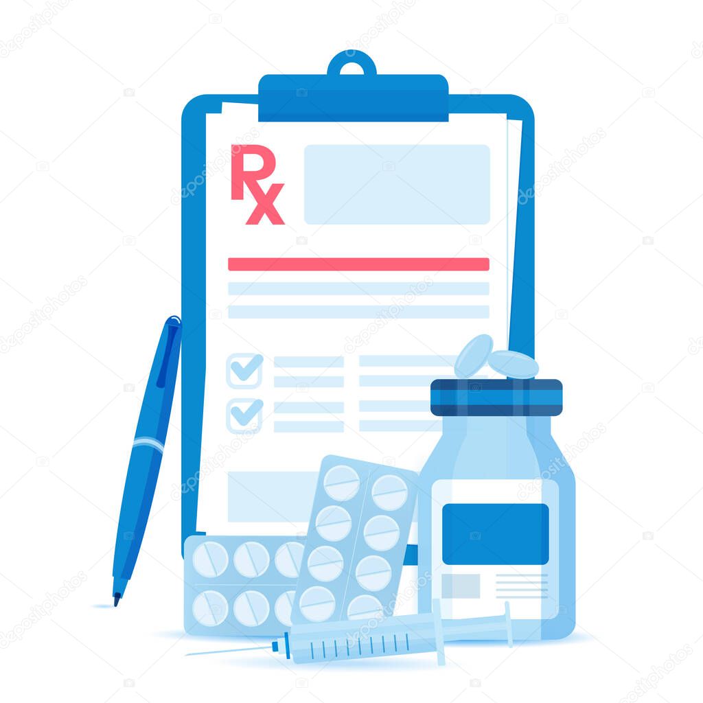 Pharmaceutical prescription form with medicines. Isolated on a white background