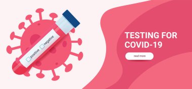 A web banner with a test for covid 19 in red colors. Diagnosis of antibodies to coronavirus in the blood. Vector illustration with a test tube for a PCR test