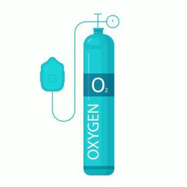 Medical Oxygen tank with face mask in style cartoon. Illustration isolated on white. In green colors.