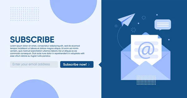 Modèle d'enveloppe avec le bouton d'abonnement. Pour l'email marketing avec une enveloppe ouverte. Des couleurs bleues. Bannière horizontale. — Image vectorielle