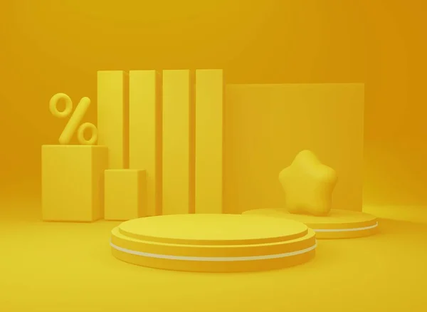 Podio, de pie, en un plan amarillo brillante. Un pedestal abstracto con un signo porcentual y una estrella. Para promociones, ventas de cosméticos, productos, zapatos, bolsos. Renderizado 3D. — Foto de Stock