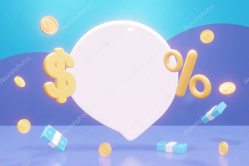 An empty speech bubble with a dollar sign and a percentage. The concept of a deal, sale, investment for inserting your text. 3d rendering.