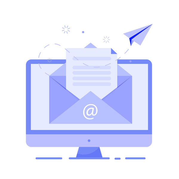 The concept of opening a message with an email document on a computer. Vector flat illustration of email marketing with a paper airplane