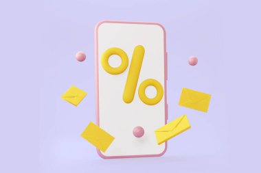 Kupon ve yüzdesi olan bir cep telefonu. Küreli uçan zarflar. Mor bir arka planda. Online satış promosyonu için. 3d oluşturma