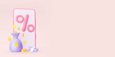 Yüzdelik işaretli bir akıllı telefon. Bozuk paralar ve para çantasıyla. Boş bir alanı var. 3d oluşturma.