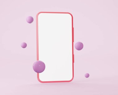 Uçan kürelerle cep telefonu modeli. Minimalist modern tasarım. Boş ekranlı akıllı telefon. 3d oluşturma