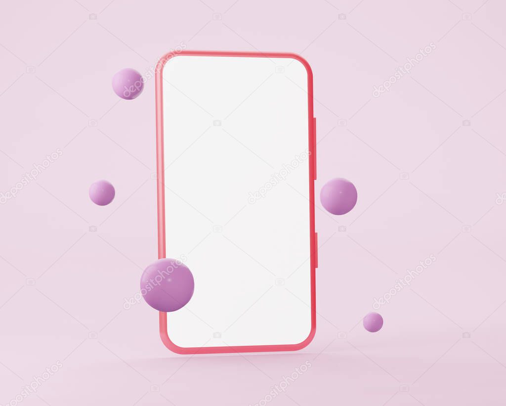 Mobile phone mockup with flying spheres. Minimalist modern design. Smartphone with blank screen. 3d rendering