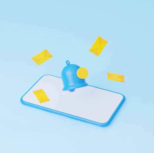 ユーザーからメールが届いたことを通知する電話 携帯電話は テーブルの上に青い背景に黄色の文字を飛んで鐘電話の上に横たわっている 3Dイラスト — ストック写真