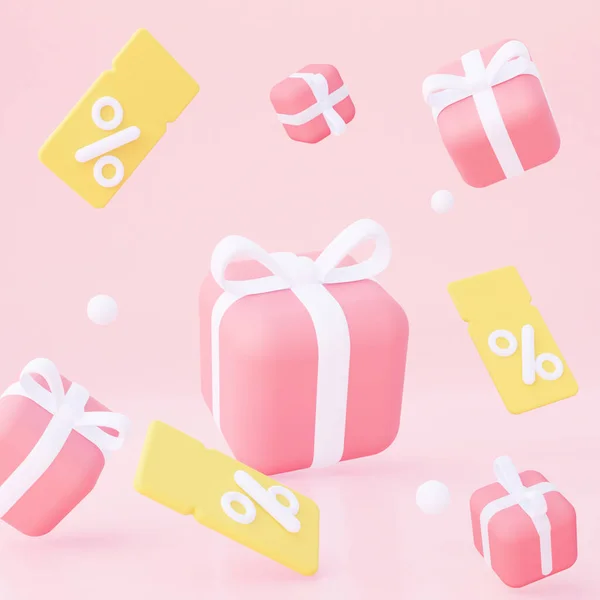 Achtergrond Met Gele Coupons Vliegen Roze Geschenken Voor Promotie Marketing — Stockfoto
