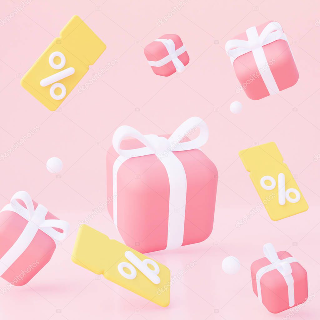 Background with yellow coupons and fly pink gifts. For promotion, marketing and advertising in social networks. 3d rendering. Square format.