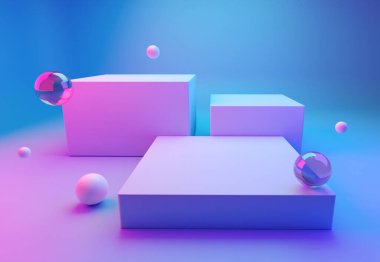 Kare geometri ve sinek küreli siber podyum. 3d oluşturma.