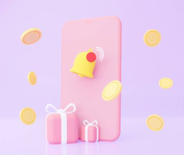 Cep telefonunda uçan para ve hediyelerle ilgili ödül etkinliği hakkında bir uyarı var. 3d oluşturma