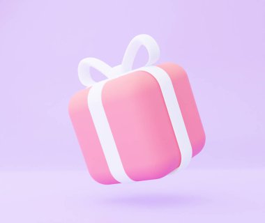 Pembe bir kapalı kutu. Mor bir arka planda. Şenlik dekorasyonu için hediyeler. 3d oluşturma.