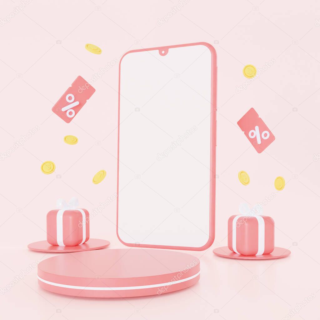 A mock-up of a mobile phone with gifts, coupons, and a podium. 3d rendering,