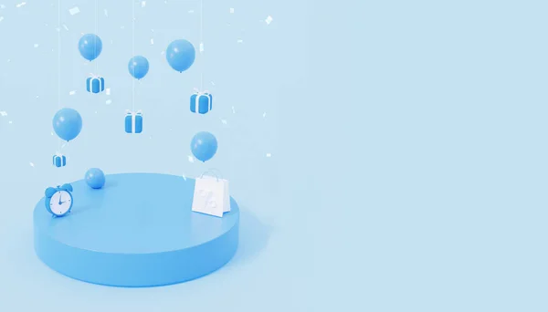 Mockup Podium Online Shop Mit Geschenken Und Einem Luftballon Blauen — Stockfoto