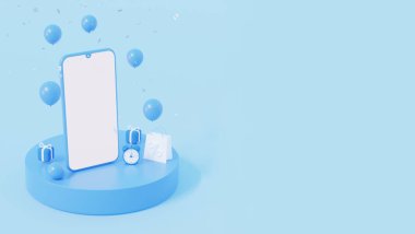 Mockup podyumu. Cep telefonunda hediyeler ve mavi renkli bir balonla. 3d oluşturma.