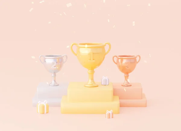 Three trophies: gold, silver and gold-plated. A cup with gifts and confetti on a pedestal. Concept of victory, awards for any sport or cybersports. 3d rendering
