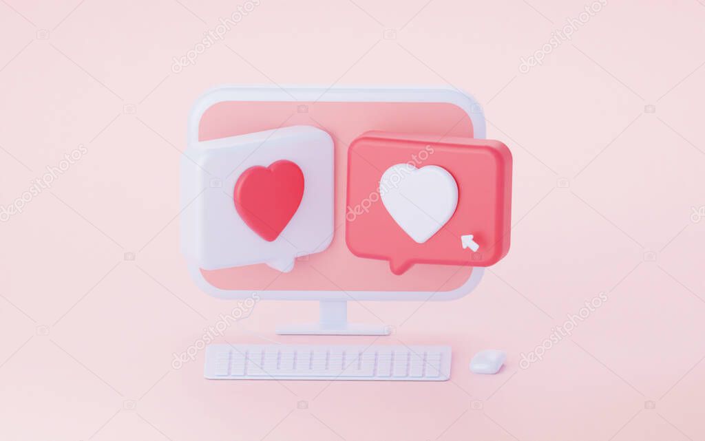 A computer with two speech bubble hearts. Correspondence in social networks. 3d rendering.