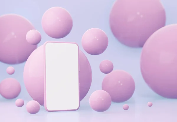 Una maqueta de un teléfono inteligente con una pantalla blanca vacía sobre un fondo rosa entre las esferas. renderizado 3d —  Fotos de Stock