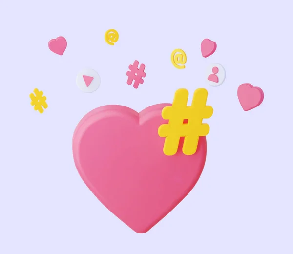 Символ хештега с сердцем. Концепция продвижения в социальных сетях. 3d-рендеринг — стоковое фото