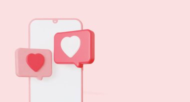 Cep telefonundaki kalp diyaloğu gibi konuşma balonu. 3D görüntüleme. Kopyalama alanı ile