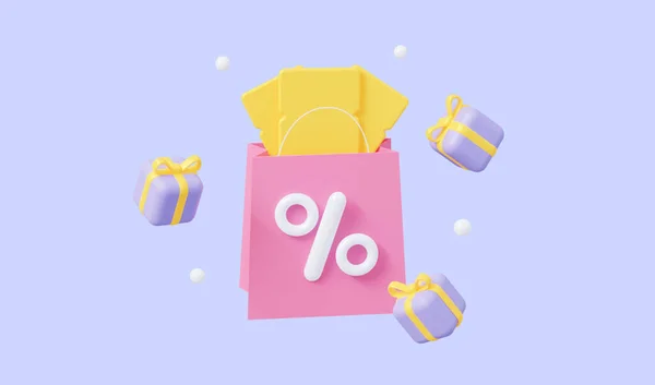 The concept of a promo code. A coupon with flying gifts. For promotion, marketing and advertising in social networks. 3d rendering. — Stock Photo, Image