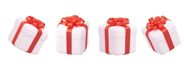 Ünnepi ajándék piros szalagokkal, különböző szögekben. Elszigetelve, fehér háttérrel. 3D-s renderelés. — Stock Fotó