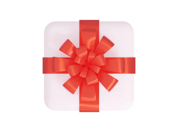 Ansicht von oben. Geschenk-weiße Schachtel mit roter Schleife in Großaufnahme. Vereinzelt auf weißem Hintergrund. 3D-Darstellung. — Stockfoto