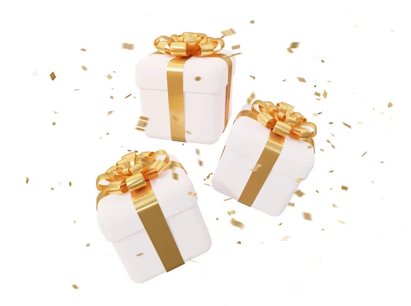 Svatební Nebo Novoroční Bílé Krabice Zlatými Luky Konfetami Izolované Bílém — Stock fotografie