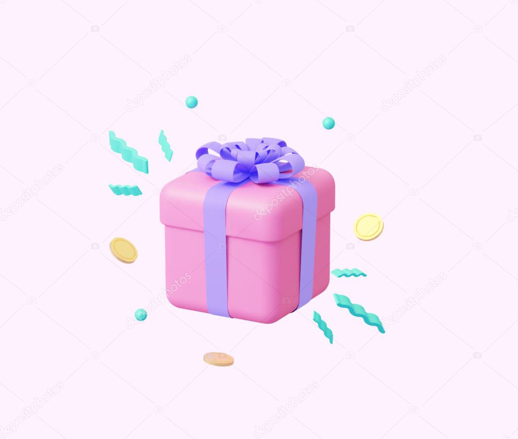 A pink gift with a purple bow and flying coins. 3d rendering illustration.