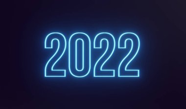 Basit neon ışığı. Mutlu yıllar 2022. Karanlık arka plan metni. 3d resimleme