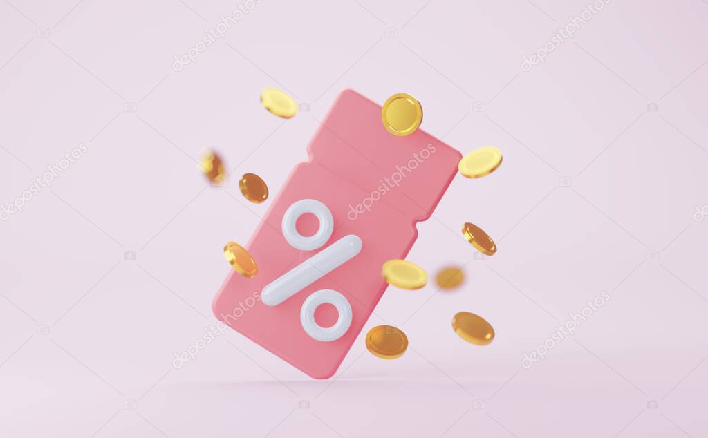 Pink coupon with coins. 3d Rendering