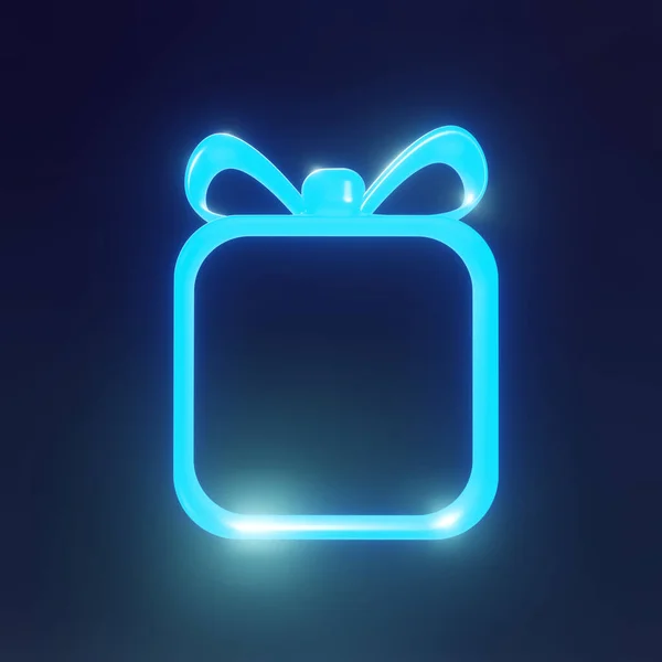 Una Cornice Neon Vuota Sotto Forma Regalo Sfondo Blu Rendering — Foto Stock