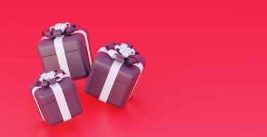 Kara Cuma indirimi. Kırmızı arka planda siyah hediyeler. Metin için boş bir boşluk ile. 3d oluşturma.