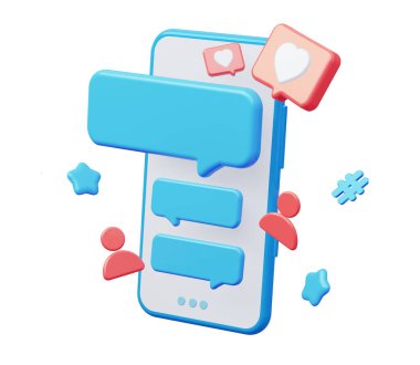 Sosyal medya sohbetli cep telefonu beyaz arkaplanda izole edilmiş. 3d oluşturma