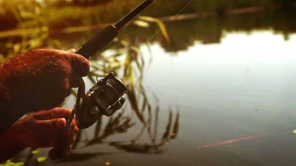 Fisherman with fishing reel — Stock Video