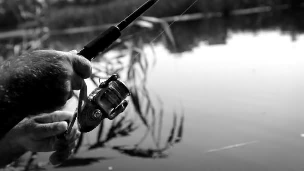 Fisherman with fishing reel — Stock Video