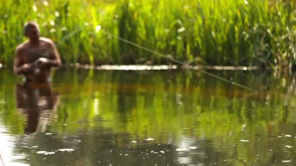 Pêcheur attrapant le poisson — Video