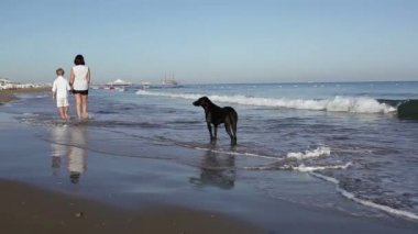Anne ve oğlu deniz kıyısında yürüyüş