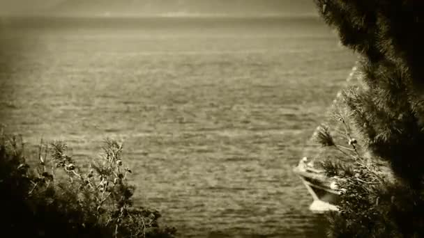 Ship sails in deep blue waves Adriatic Sea OLD FILM — Stock Video