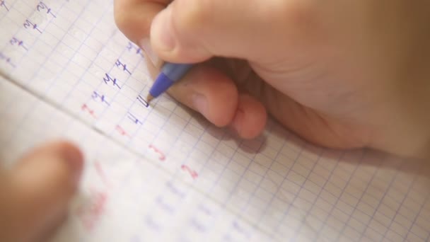 Primeros pasos en la escritura: pupila pequeña escribe los digitos en el cuaderno de cuadrícula — Vídeo de stock