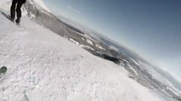 Skieur descend par la colline dans la forêt enneigée — Video