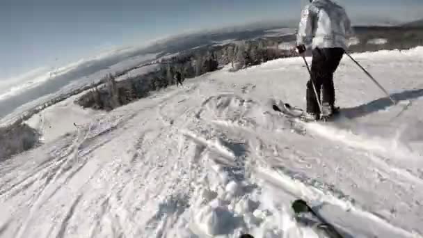 Skiër daalt door hill — Stockvideo