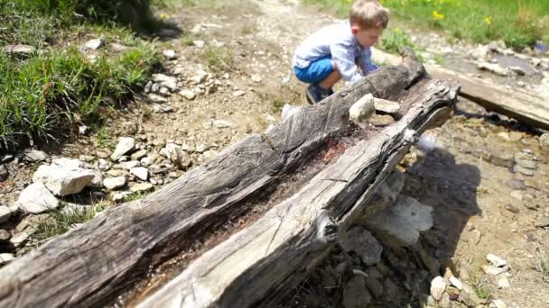 Устал маленький мальчик пьет из горного ручья — стоковое видео