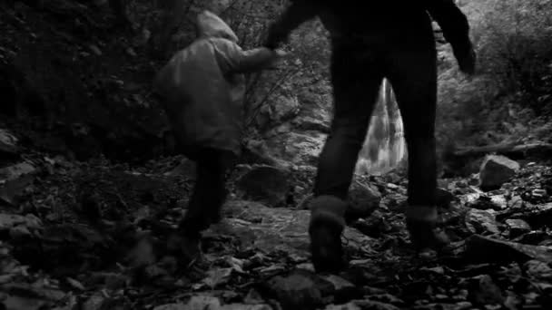 Mother and son near waterfall — Stock Video