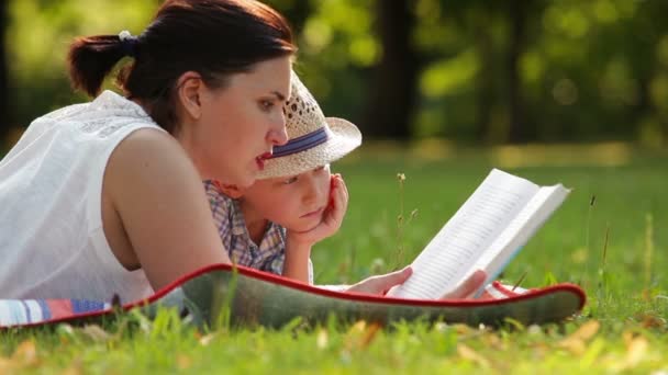 Mother reads a book to his son while on the picnic in the park — Stock Video