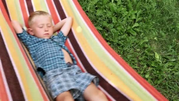 Little Boy enjoys free time  in hammock — Stock Video