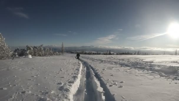 Лыжник мальчик ходит на снегу дорожку — стоковое видео